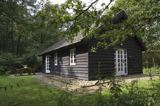 Ein Gemütliche schwarze Holzhäuser im Wald in Drenthe.