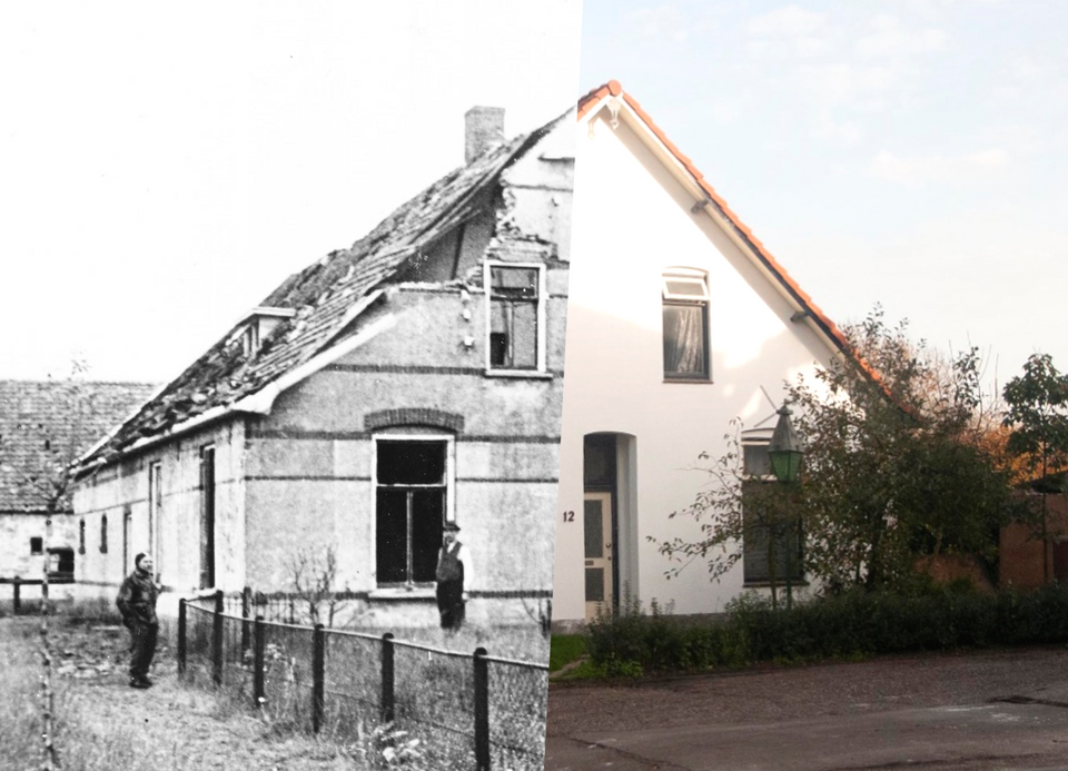 Nogmaals de foto uit 1945 van het hoofdkwartier met daar overheen een actuele opname van het huis, nummer 12 op de Molenstraat.