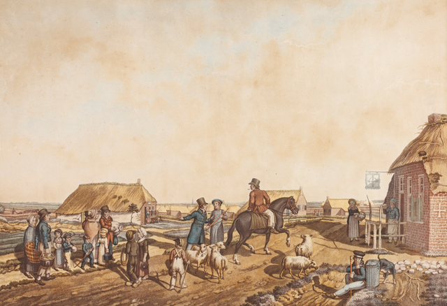 Historische prent van het kruispunt in Willemsoord dat onderdeel is van de Kolonien van Weldadigheid. In het midden Johannes van den Bosch op zijn paard.