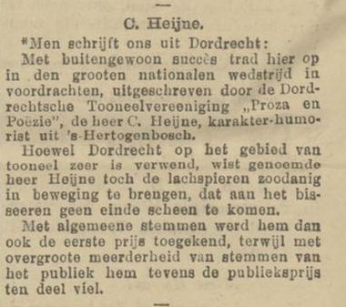 Recensie van Kees’ act waarmee hij een eerste prijs en publieksprijs won. 17 September 1913.
