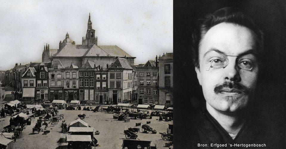 Twee foto's in één: aan de linkerzijde een historische foto van gevels in de binnen stad, aan de rechterzijde een portretfoto van Alphons Diepenbrock.