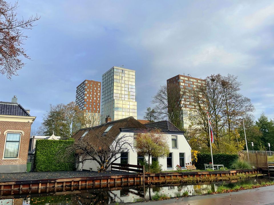 Foto van Zoetermeer met overloop van oudere woningen naar het nieuwe stadscentrum op de achtergrond.