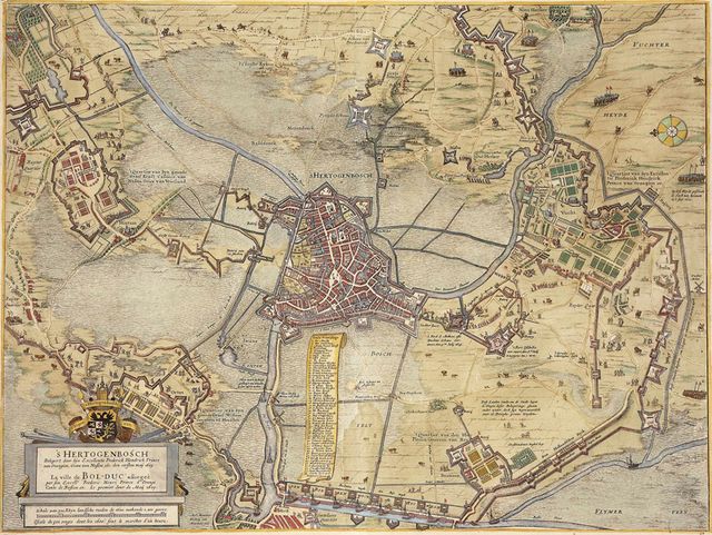 Kaart van de vesting 's-Hertogenbosch met de buiten de stad gelegen verdedigingswerken tijdens het beleg van de stad door Frederik Hendrik.