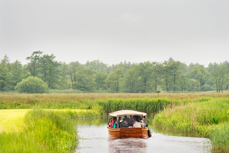 Overdekte rondvaartboot vaart door een natuurgebied in Friesland