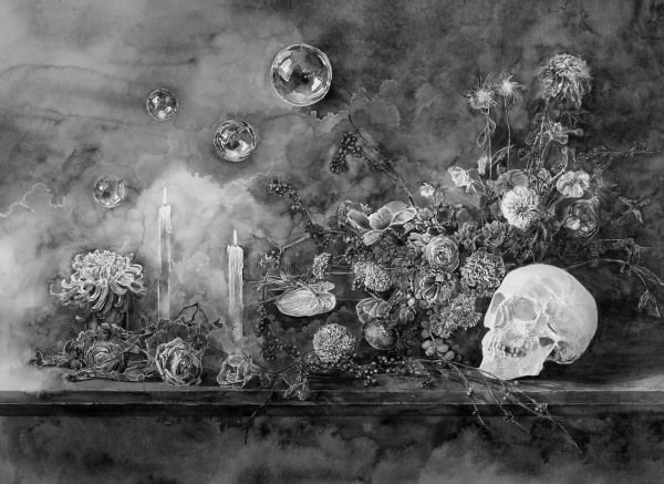 Hans Op de Beeck, Vanitas (flowers and soap bubbles), 2022, black-and-white watercolour on arches papier in wooden frames 118 x 147 x 3,6 cm (framed). Courtesy Galerie Ron Mandos, Amsterdam.