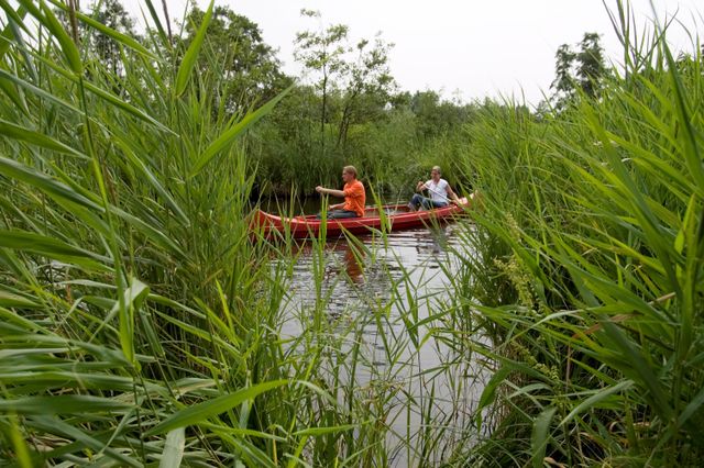 Man en vrouw die samen in een rode kano kanoën door het Oostzanerveld