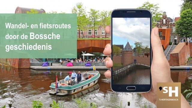 De 1629 Linie app op een telefoon en de tekst 'Wandel- en fietsroutes door de Bossche geschiedenis'