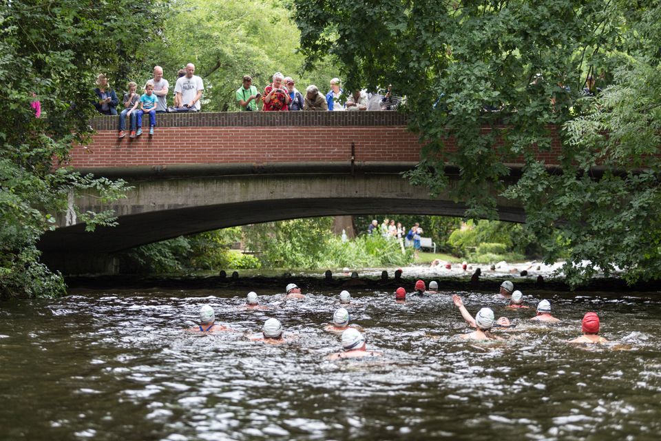 Zwemmers onder brug door tijdens Vrije Slag door Zutphen 2014