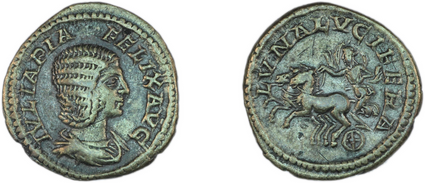 Romeinse munt met op de voorzijde Julia Domna en op de achterzijde godin Luna.