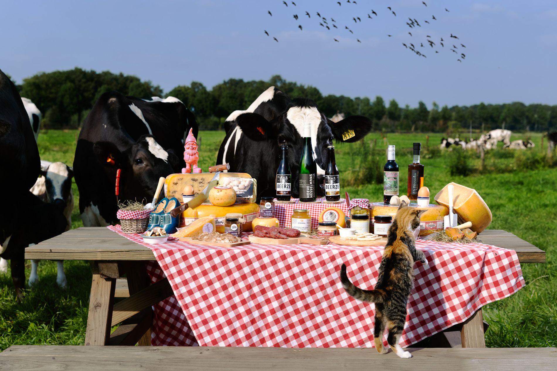 Een tafel vol streekproducten uit Bladel met koeien achter de tafel en een kat voor de tafel.