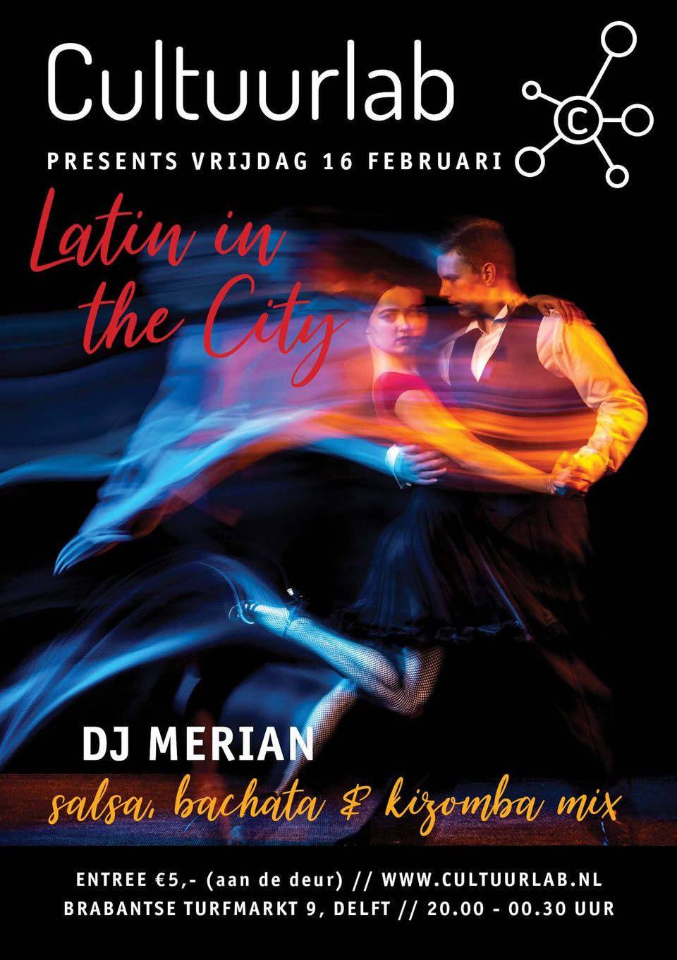 Een foto van de poster van het salsa/latin dans evenement bij Latin in the City