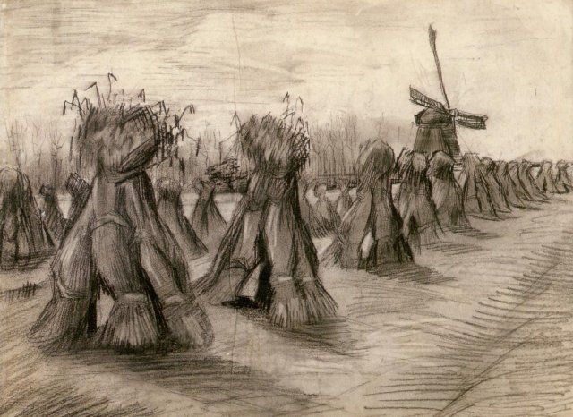 Een afbeelding van een schets van de molen De Vogelzang, gemaakt door Vincent van Gogh in 1885.