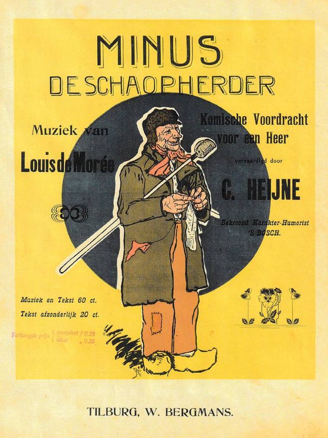 Voorpagina van de gedrukte voordracht van Kees’ act ‘Minus de Schaopherder’ waar hij in het dagblad De Noord Brabander kritiek op kreeg. Ca 1909.