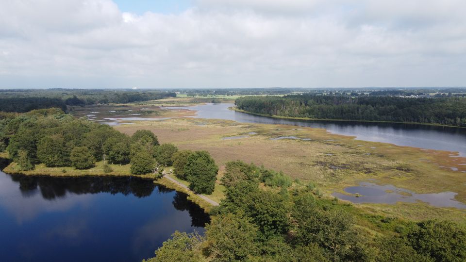 Dronefoto van natuurgebied in Drenthe met bos, vlaktes en water.