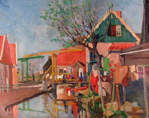 Een schilderij van het gele bruggetje in Volendam