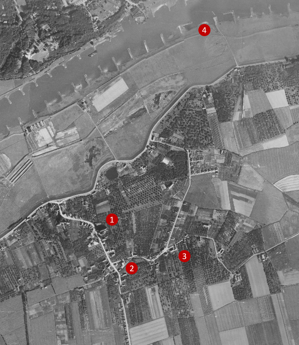 Luchtfoto Driel uit 1944: (1)Katholieke kerk   (locatie Informatiecentrum) (2) Jongensschool/Veldhospitaal, (3) Hoofdkwartier, (4) Drielse veer