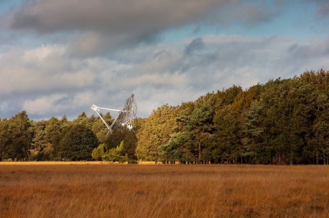 Radiotelescoop midden in de Drentse natuur.