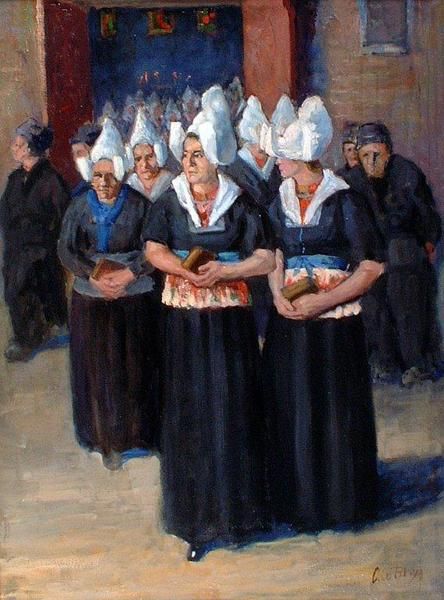 Een schilderij van de bewoners die Sint Vincentiuskerk in Volendam verlaten