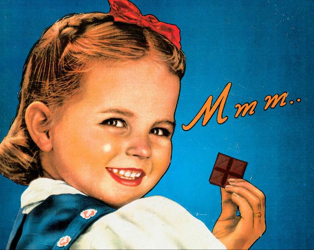 Poster met een meisje met chocolade van Verkade.