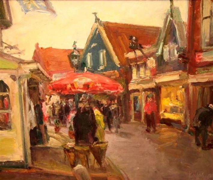 Een schilderij van mensen door de straten in Volendam
