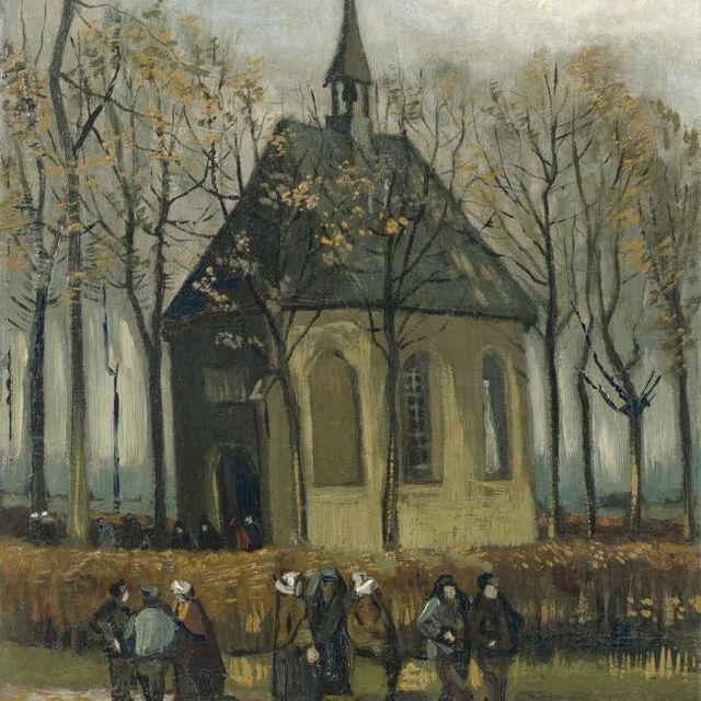Een afbeelding van het schilderij 'Het uitgaan van de Hervormde Kerk te Nuenen', gemaakt door Vincent van Gogh,