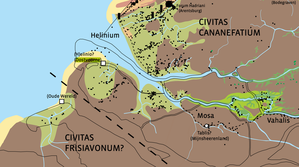Kaartje van de Maasmond in de Romeinse tijd met de veronderstelde ligging van Oostvoorne.
