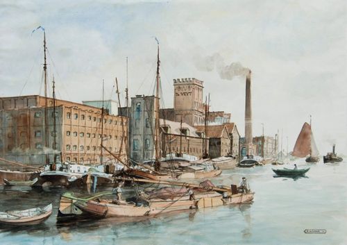 Een schilderij van een haven van Arnold de Lange