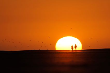 De silhouetten van wandelaars op het strand bij zonsondergang