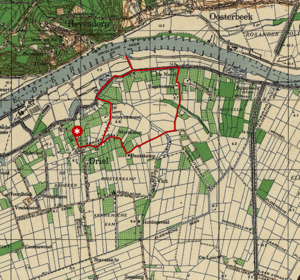 The hiking trail drawn on an ordnance map from the Second World War.