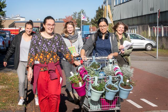 Foto van 5 vrouwen op pad met een winkelwagen vol met planten.
