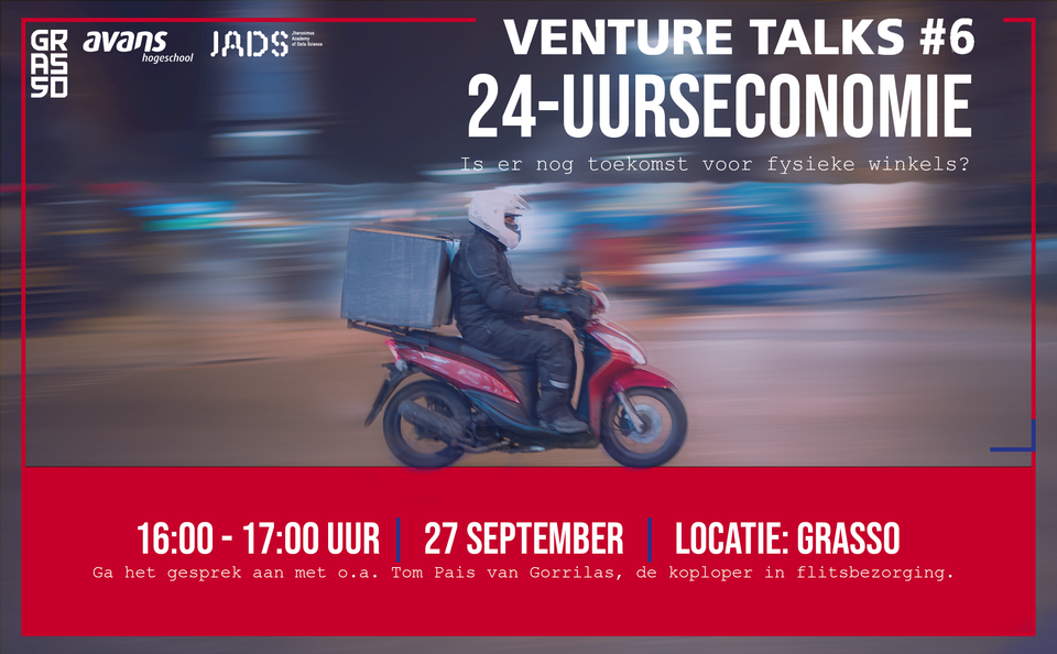 Foto van een scooter die onderweg is om iets te bezorgen. De tekst in het beeld betreft: Venture Talks #6 24-uurs economie. Is er nog toekomst voor fysieke winkels? 27 september | 16:00-17:00 | locatie: Grasso