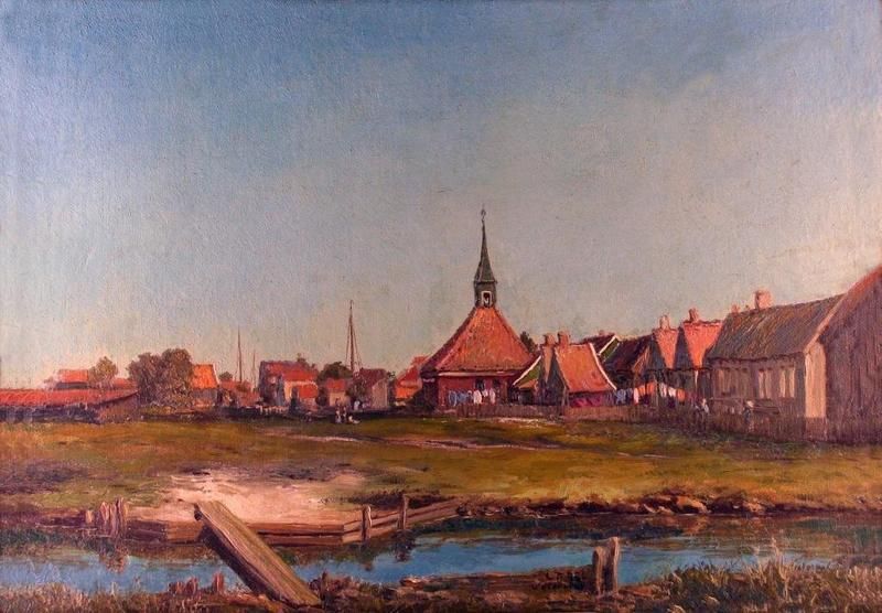 Een schilderij van het Hervomde kerkje in Volendam