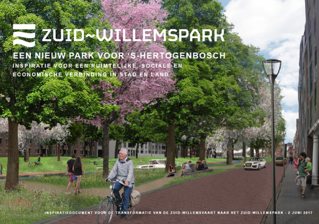 Foto met bomen en fietser met tekst Zuid-Willempark