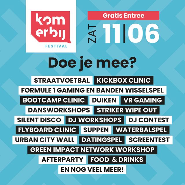 Foto van een poster met activiteiten bij het Kom Erbij Festival in Zoetermeer.