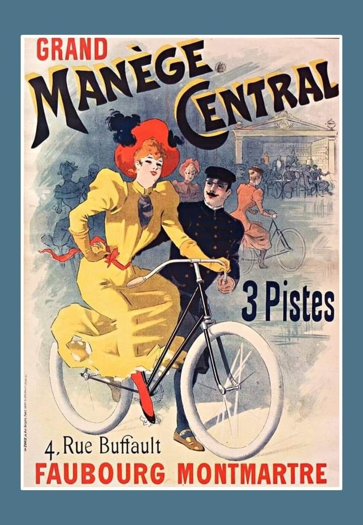 affiche in oude Franse stijl met een dame op een oude fiets