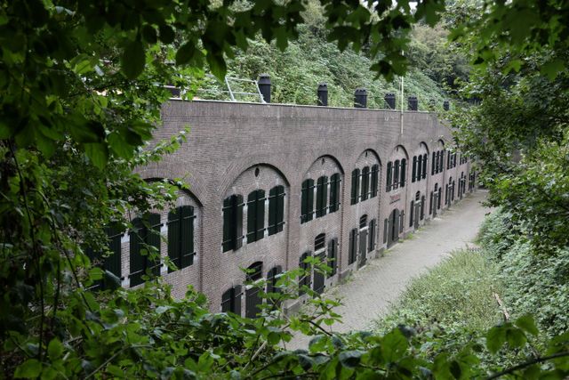 Een betonnen fort omgeven door groene takken