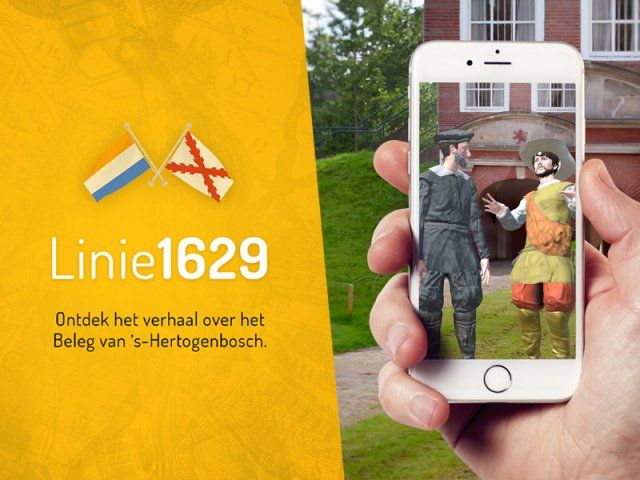De Linie1629 Route App op een mobiele telefoon met de tekst: 'Ontdek het verhaal over het beleg van 's-Hertogenbosch'.
