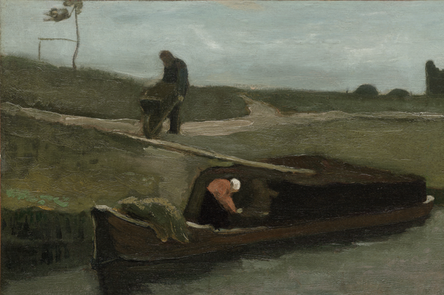 Het schilderij 'De turfschuit' van Vincent van Gogh, olieverf op doek, olieverf op doek.
