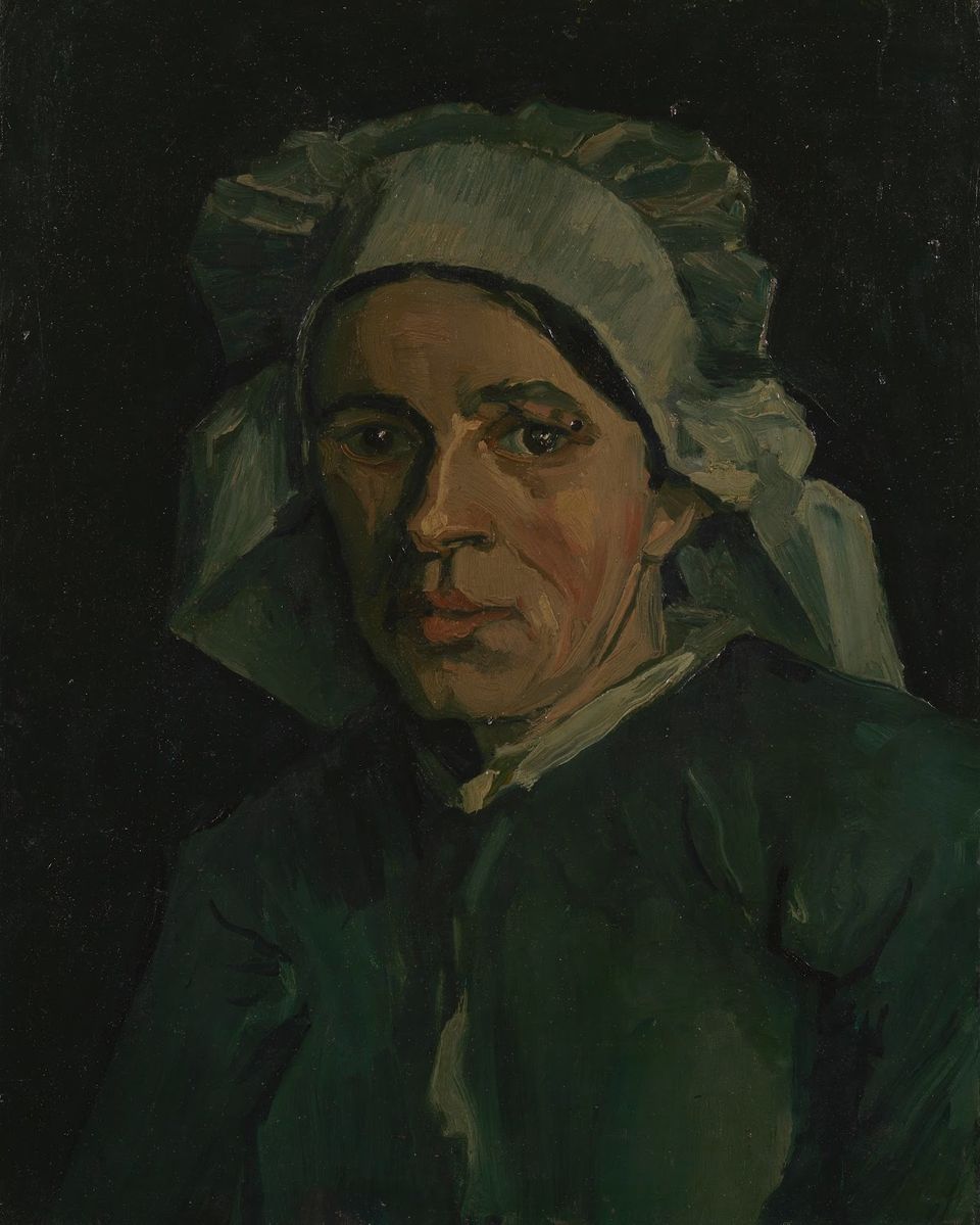 Een afbeelding van een portret van een vrouw gemaakt door Vincent van Gogh, in Nuenen, november 1884-januari 1885