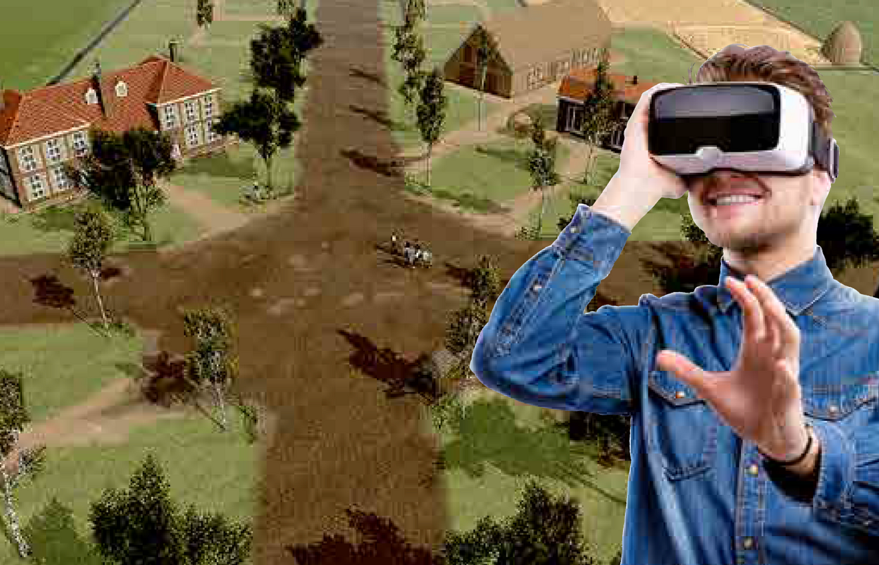 Animatie van de Virtual Reality Experience in Willemsoord. Historische achtergrond met daarvoor een man met een virtual reality bril